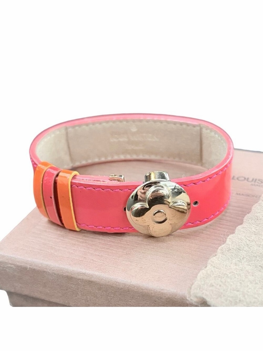Louis Vuitton Vernis Bracelet Coral Pink Gold Flower Push-Lock Clasp w/ Box